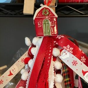 Festive Red barn. Holiday Ornament with tassel